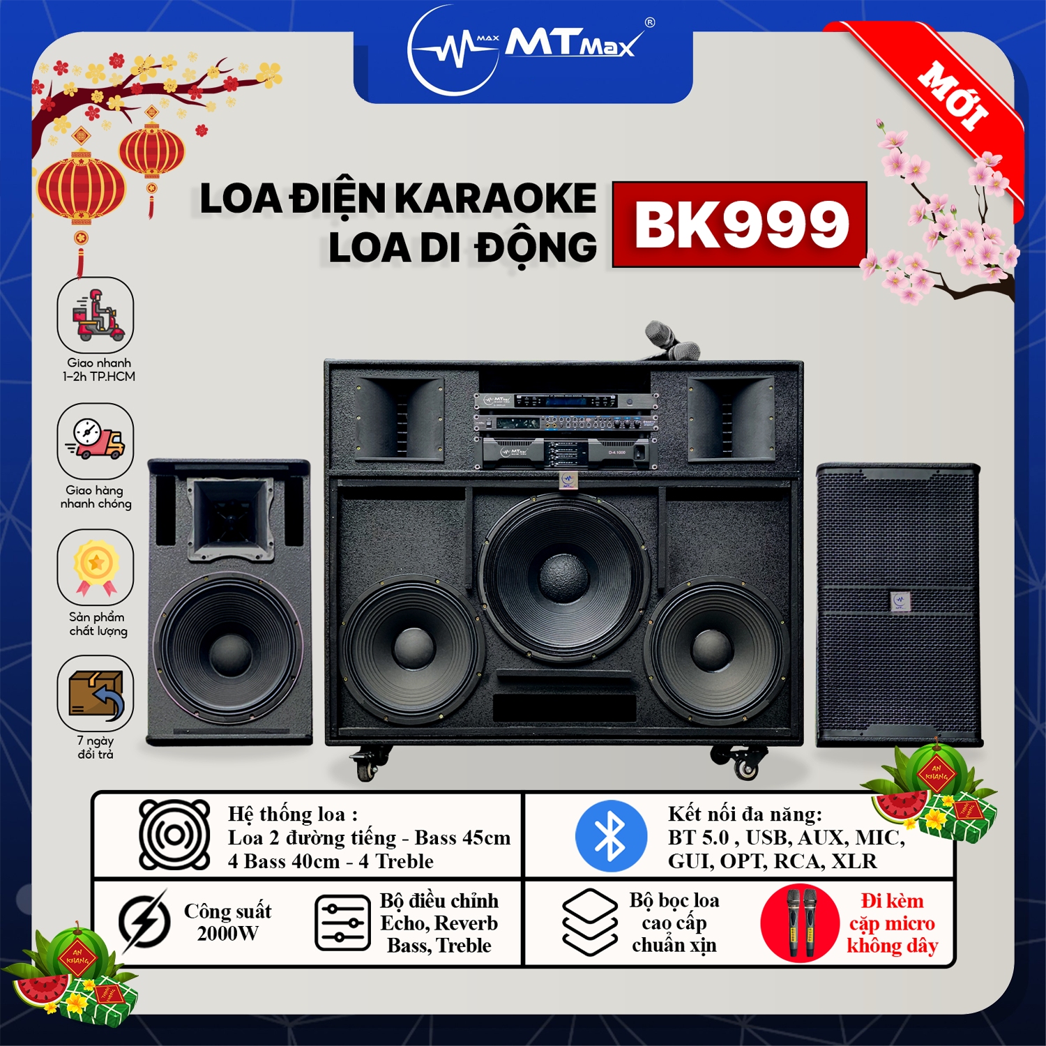 Loa kéo điện di động bk999 - công suất cực mạnh 2000w, 4 bass 4 tấc, 1 bass 4 tấc rưỡi, không gian lớn 100 người - 500m2 nghe dễ dàng, âm thanh cực căng, siêu trầm siêu ám, bao test 7 ngày