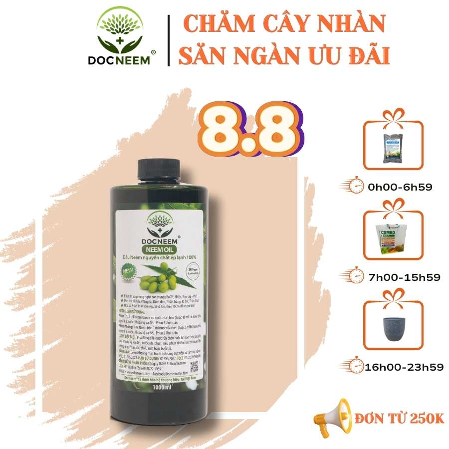 Dầu neem hữu cơ DOCNEEM phòng diệt sâu hại hoa hồng, phong lan, cây cảnh, dầu neem oil nguyên chất ép lạnh 1000ml