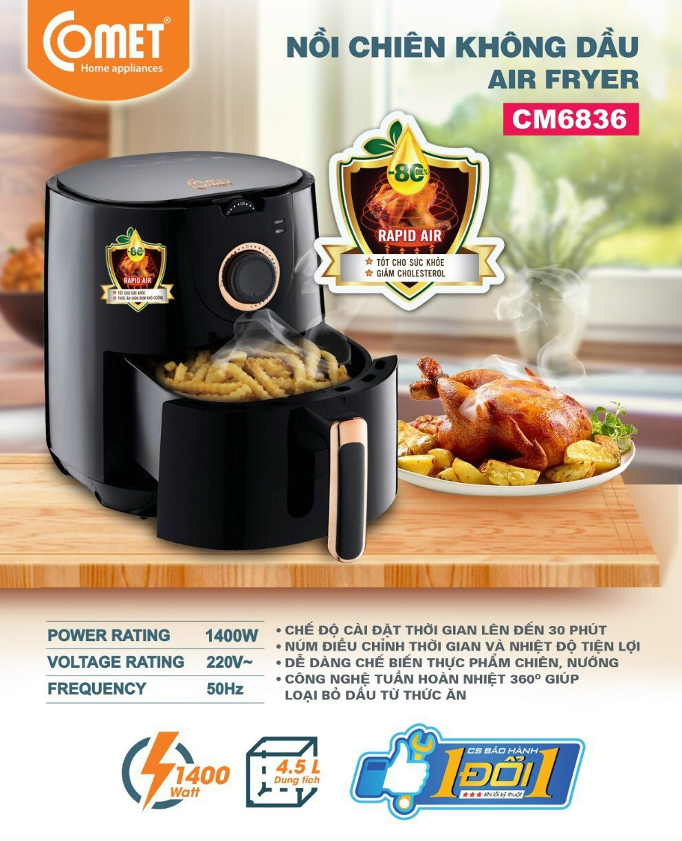 Nồi chiên không dầu comet cm6836 - 4.5l - hàng chính hãng
