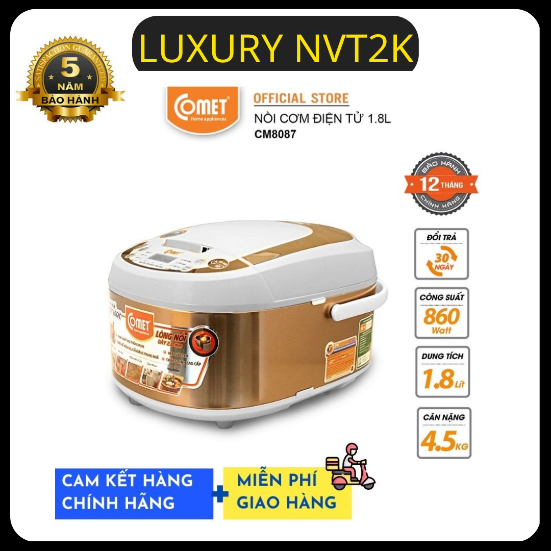 Nồi cơm điện tử comet cm8087 - 1.8 lít. nồi cơm điện tử nắp gài 3d lòng niêu. nồi cơm giữ nhiệt của nhậtnồi cơm điện comet chống dínhnồi cơm điện tử nắp gài 3d đa chức năng bảo hành 1 năm