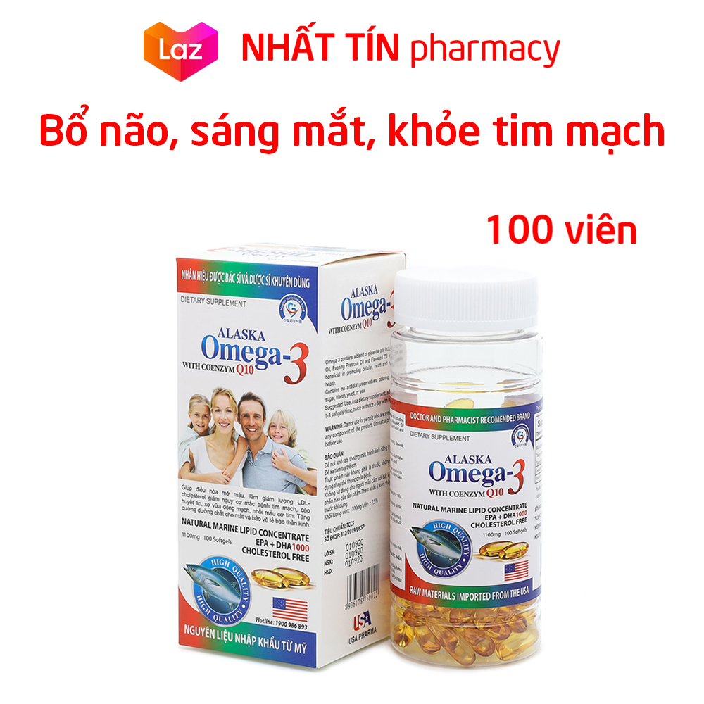 Viên dầu cá Alaska Omega 3 bổ não sáng mắt khỏe mạnh tim mạch tăng cường trí nhớ - Hộp 100 viên thành phần dầu cá 1000mg EPA 180mg DHA 120mg