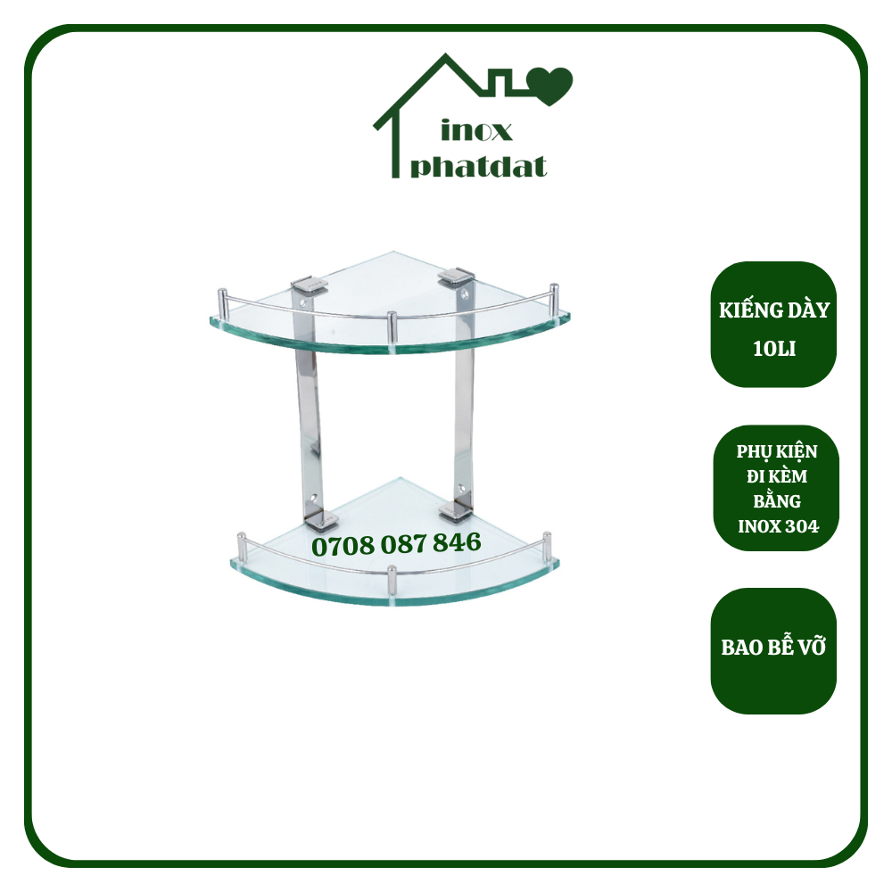 Kệ góc kiếng 2 tầng Inox 304 PHÁT ĐẠT, để xà bông, để gia vị góc tường, kính phòng tắm nhà tắm (SP047)
