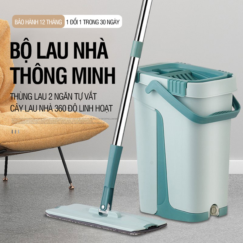 Bộ lau nhà thông minh Kitimop-S1 có thùng lau nhà 2 ngăn tự vắt, chổi lau nhà 360 độ lau sạch khô nhanh, 2 bông lau