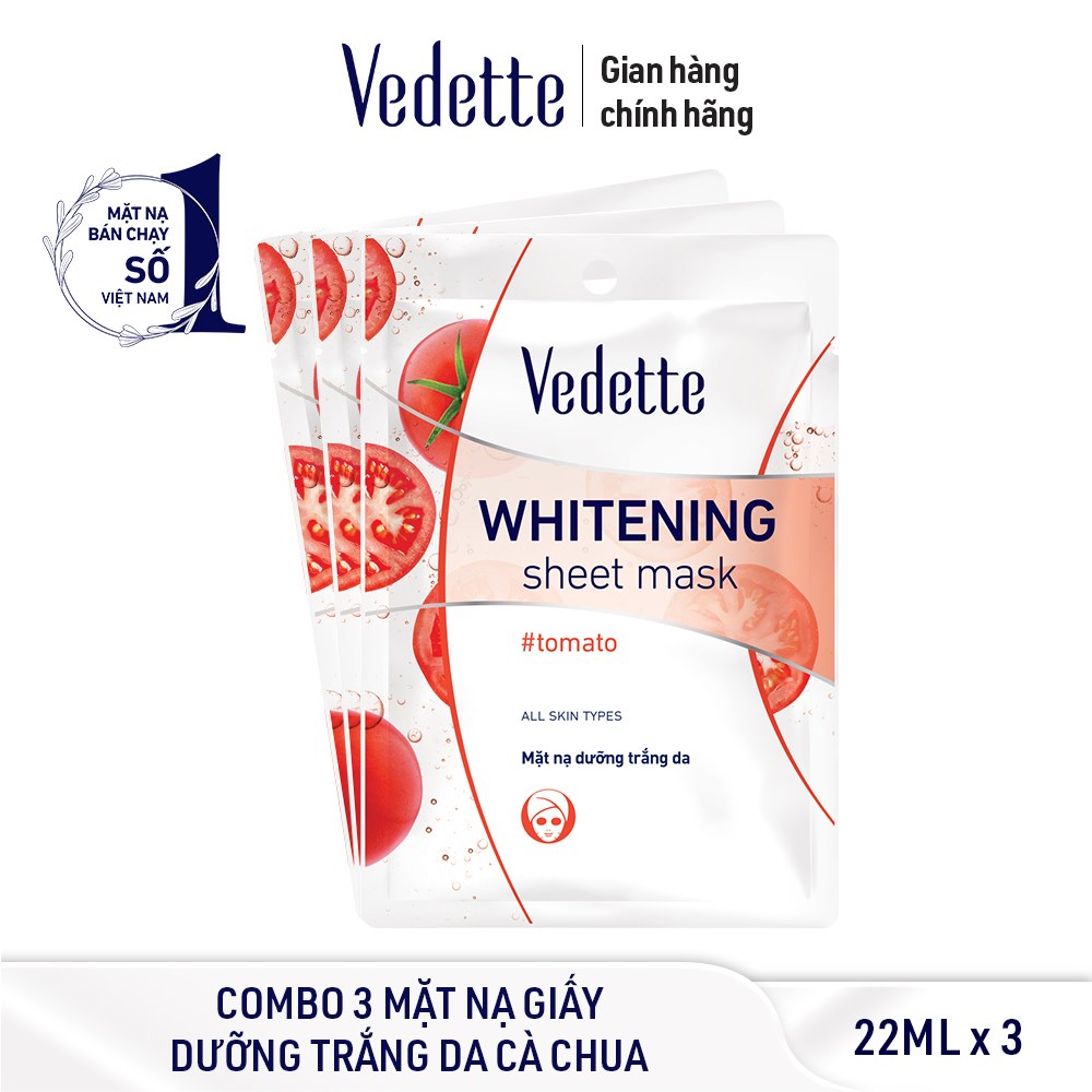 Combo 3 mặt nạ giấy dưỡng trắng da cà chua vedette 22ml x 3