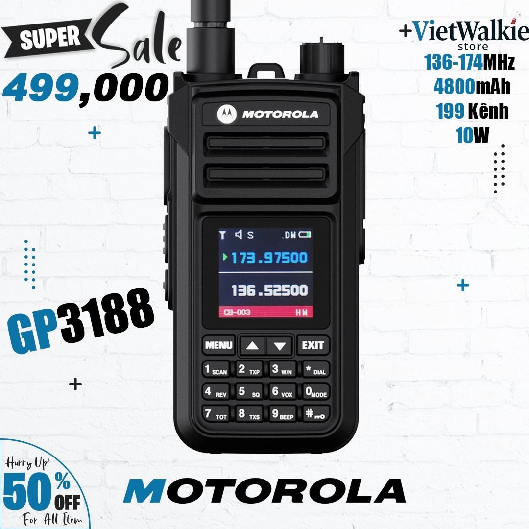 Bộ đàm Motorola GP3188 Bộ đàm băng tần số VHF/AM kết hợp nghe đài FM 1-10km 10w chờ siêu dài 136-174MHz