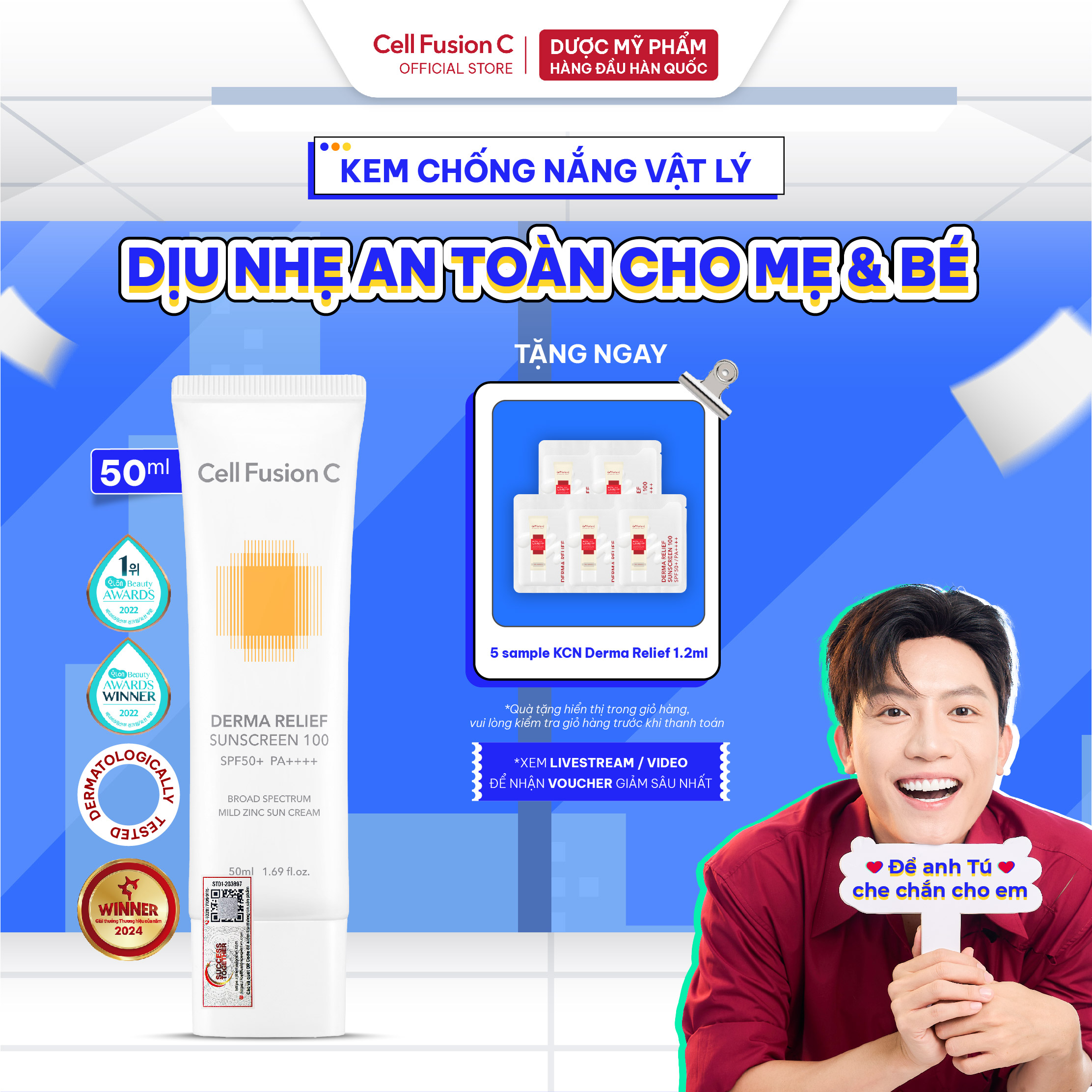 Kem Chống Nắng Thuần Vật Lý Cho Da Nhạy Cảm & Mẹ Bầu Cell Fusion C Derma Relief Sunscreen 100 SPF 50+/PA++++
