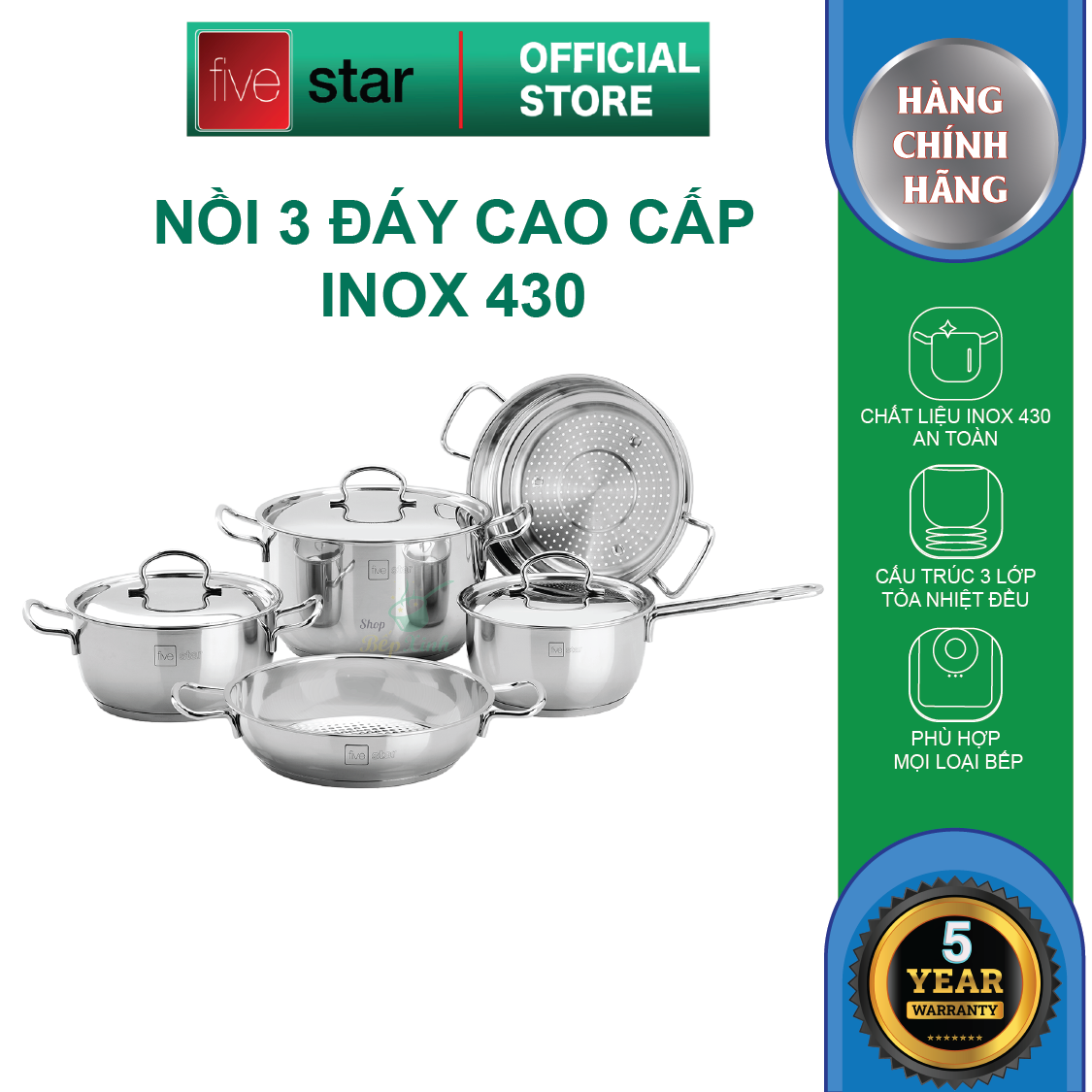 Bộ Nồi 3 Đáy Inox 430 Fivestar Standard  nắp kính / nắp inox (Gồm 1 Quánh 18cm, 2 Nồi 20cm-24cm, 1 Chảo 24cm và 1 Xửng 24cm)
