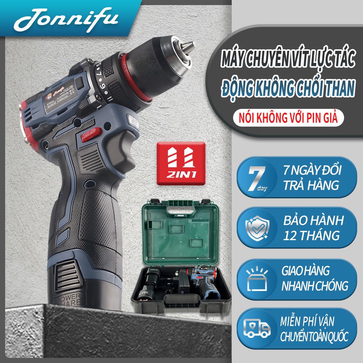 Máy khoan pin - 2 chức năng Khoan Gỗ Bắt Vít Vặn Ốc , động cơ không chổi than, đầu kẹp 10mm, ruột đồng 100% DZ-1801XL