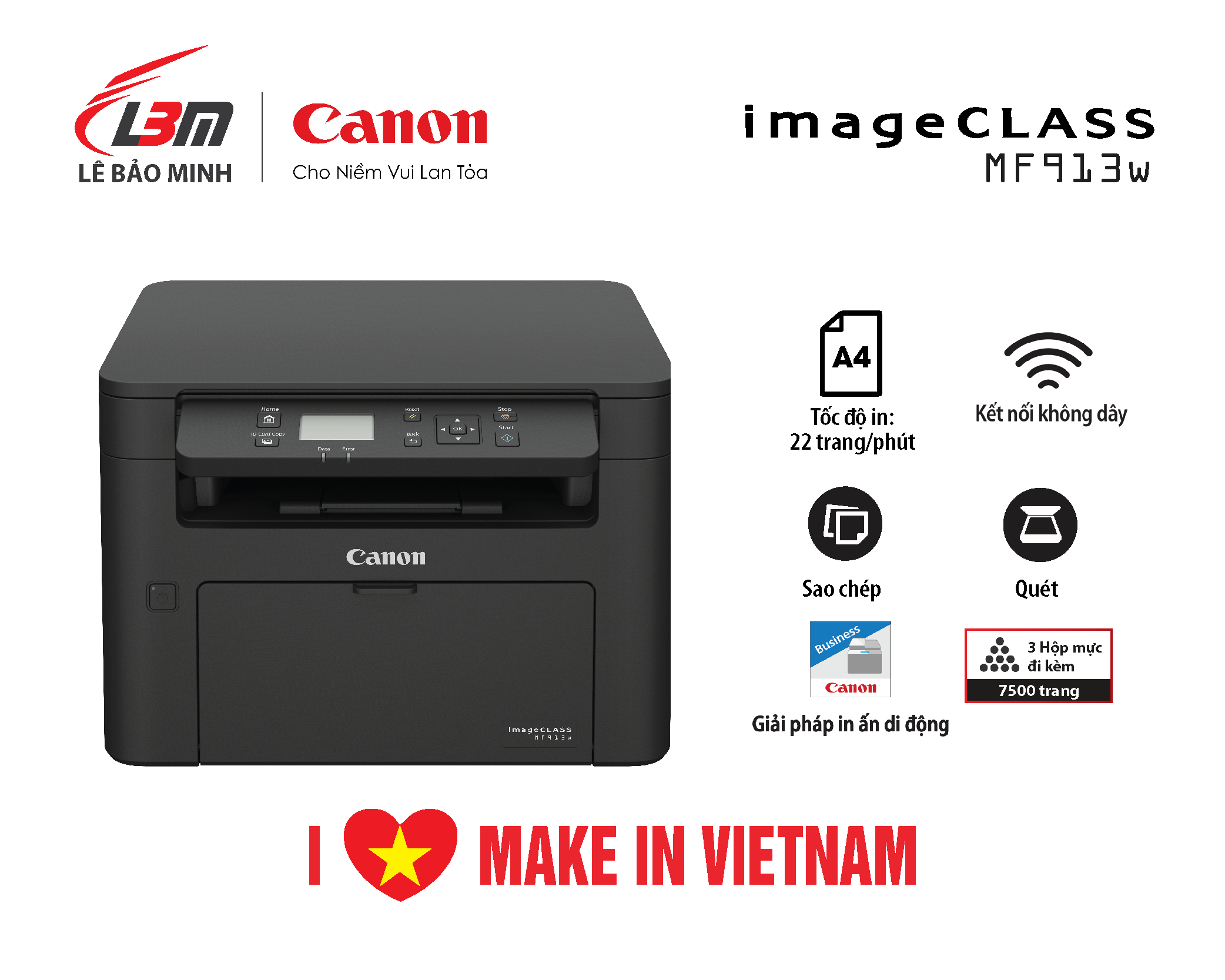 Máy in laser đa chức năng nhỏ gọn MF913w - Hàng chính hãng Lê Bảo Minh