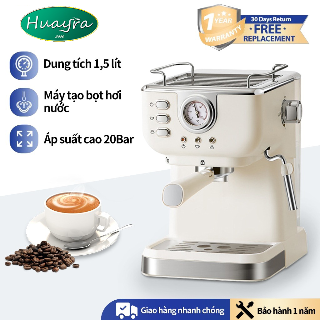 Máy pha cà phê espresso bán tự động, Áp suất 20 Bar,1050W, đồng hồ đo nhiệt độ, BH 12tháng