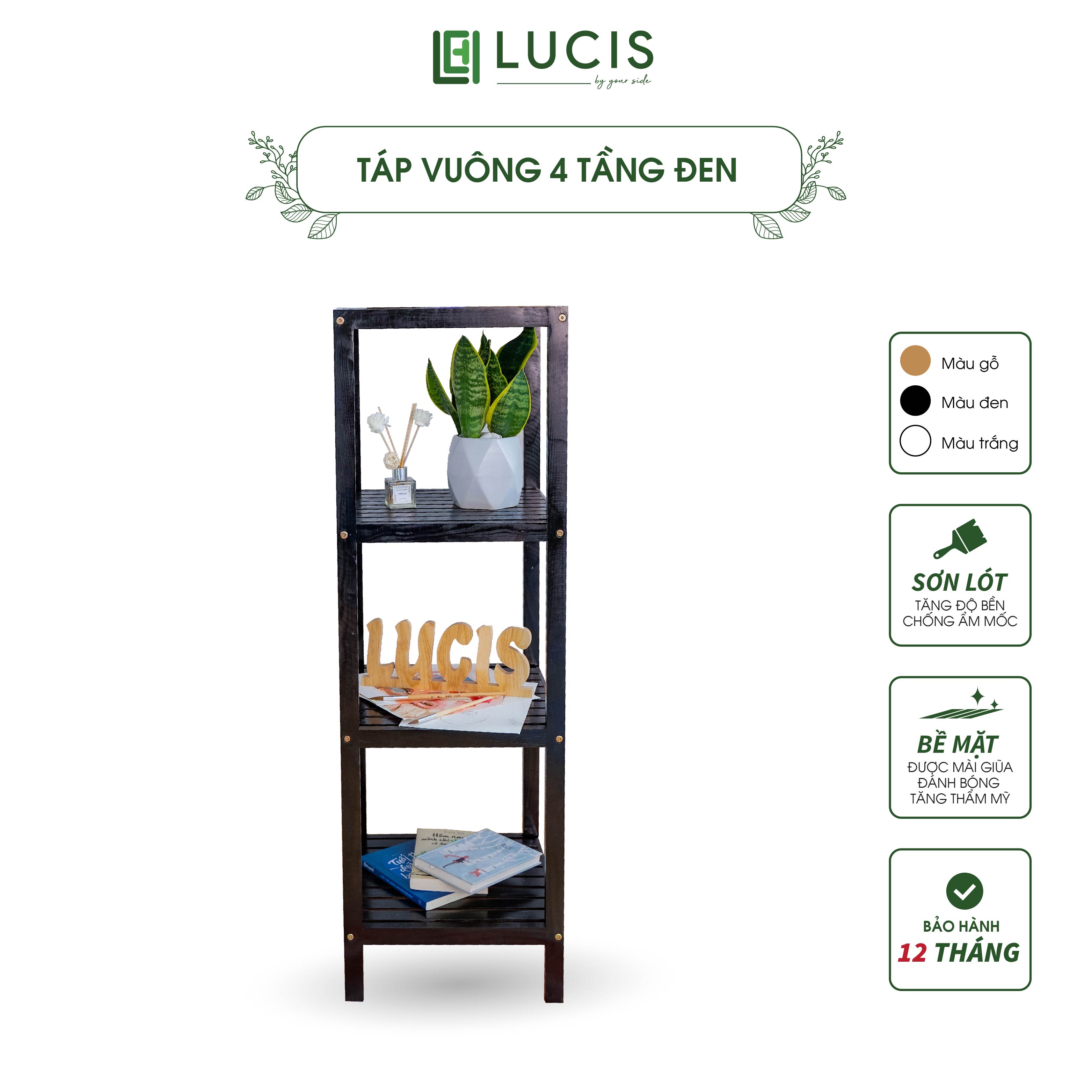 Kệ gỗ phòng ngủ 4 tầng LUCIS màu đen để đồ trang trí - Kệ để quần áo 4 tầng bằng gỗ - Kệ trang trí phòng khách bằng gỗ thông 4 tầng