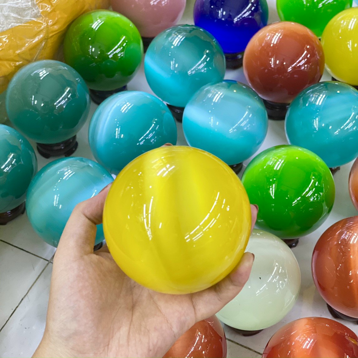 Quả cầu mắt mèo , bi cầu mắt mèo nhiều màu , nhiều size, tặng kèm đế gỗ - đường kính ~8cm ~10cm ~ 12cm
