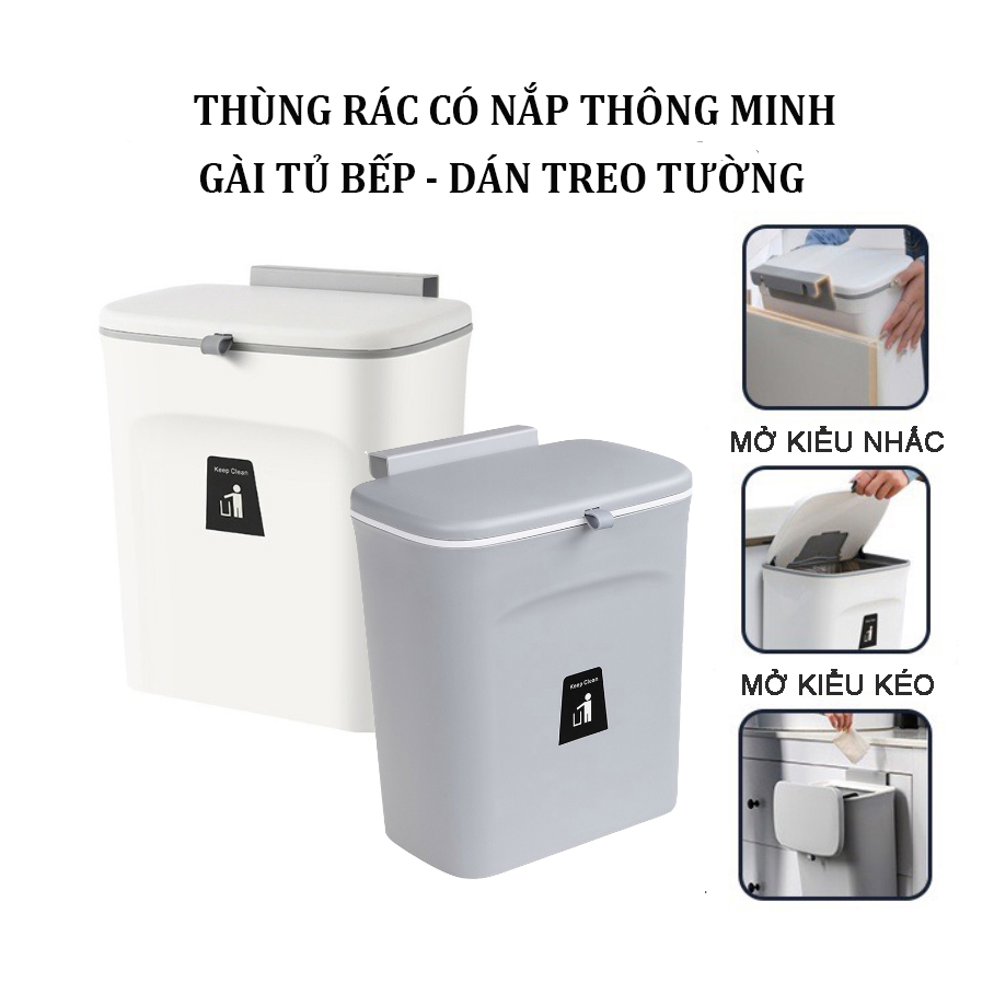 [ Có Nắp - Loại 1  ] Thùng Rác Thông Minh Gài Tủ Bếp  Treo Tường Có Nắp Đậy Tiện Lợi Dung Tích 10L Hàng Cao Cấp Loại Dày Nhãn Keep Clean