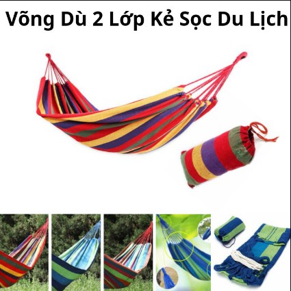 Võng vải kẻ sọc 2 lớp đa năng, võng vải dù du lịch đa năng tiện dụng