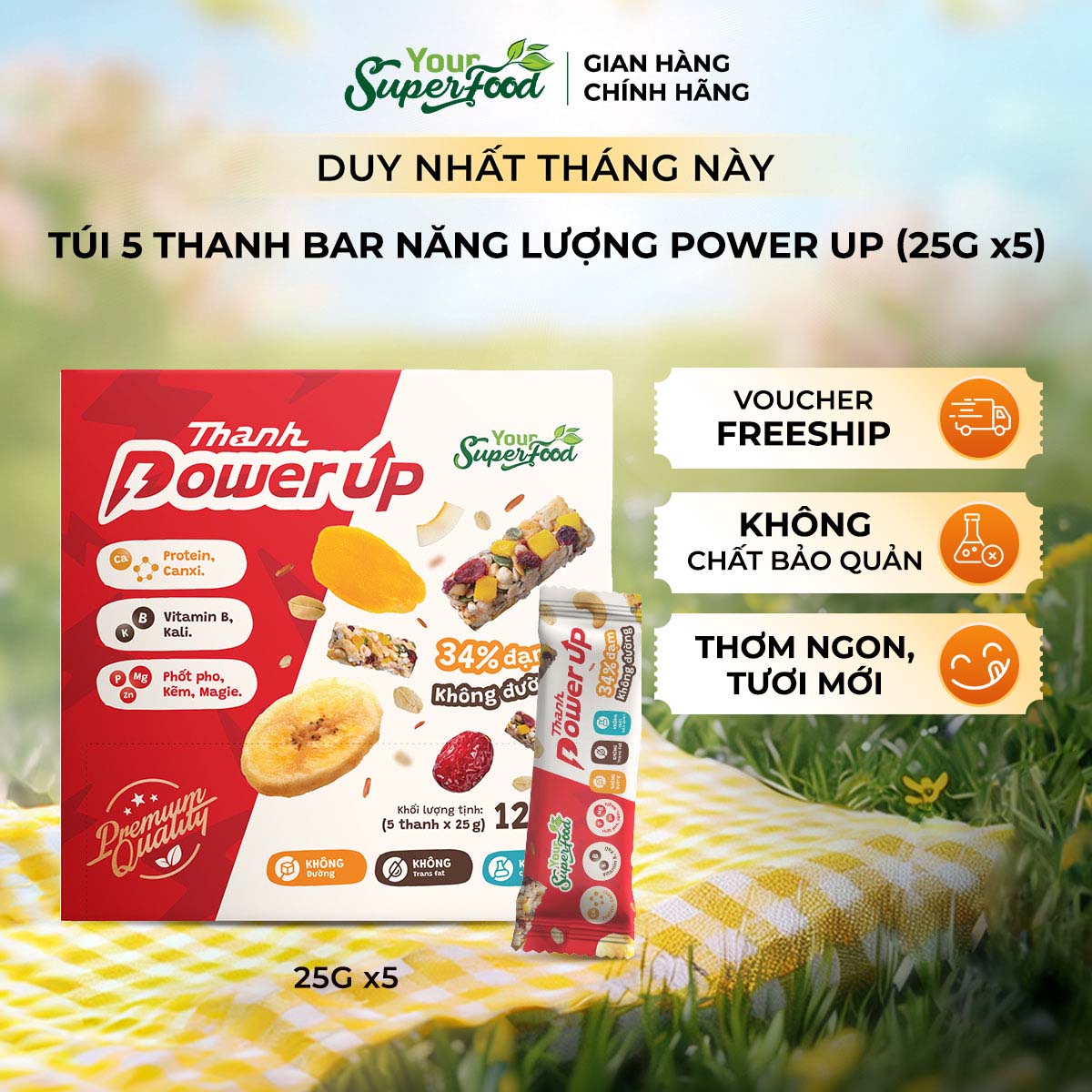 (MỚI) Hộp 5 Thanh Năng Lượng Power Up Bar, Không Đường, 34% Đạm Từ Your Superfood