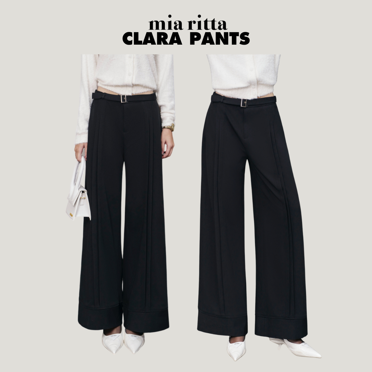 Quần âu nữ Clara Pants Mia Riita Q406 - Quần vải ống rộng  phối li kèm belt - Quần ống suông kèm thắt lưng(ko tháo rời)