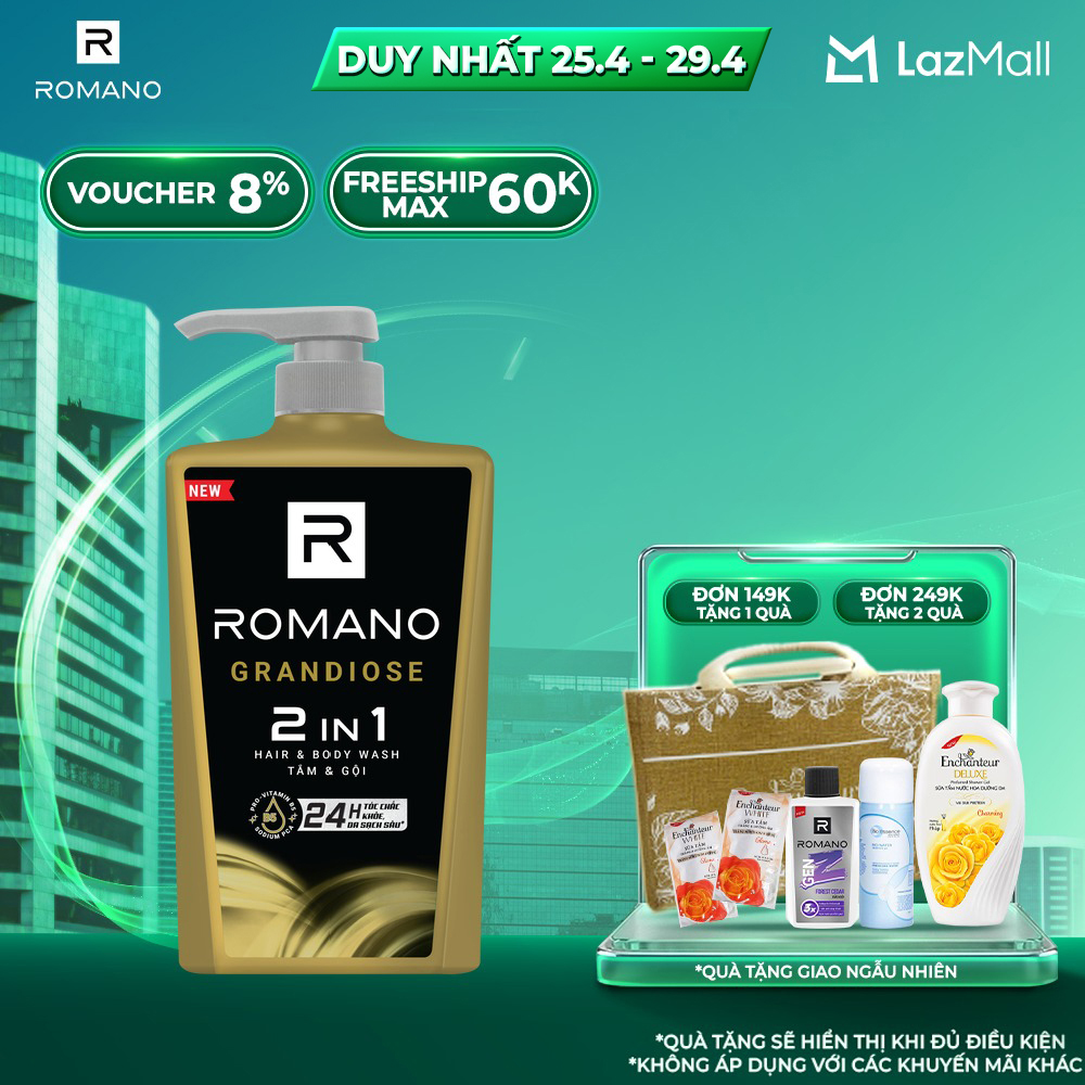 ROMANO TẮM  GỘI 2 TRONG 1 HƯƠNG NƯỚC HOA GRANDIOSE 650G