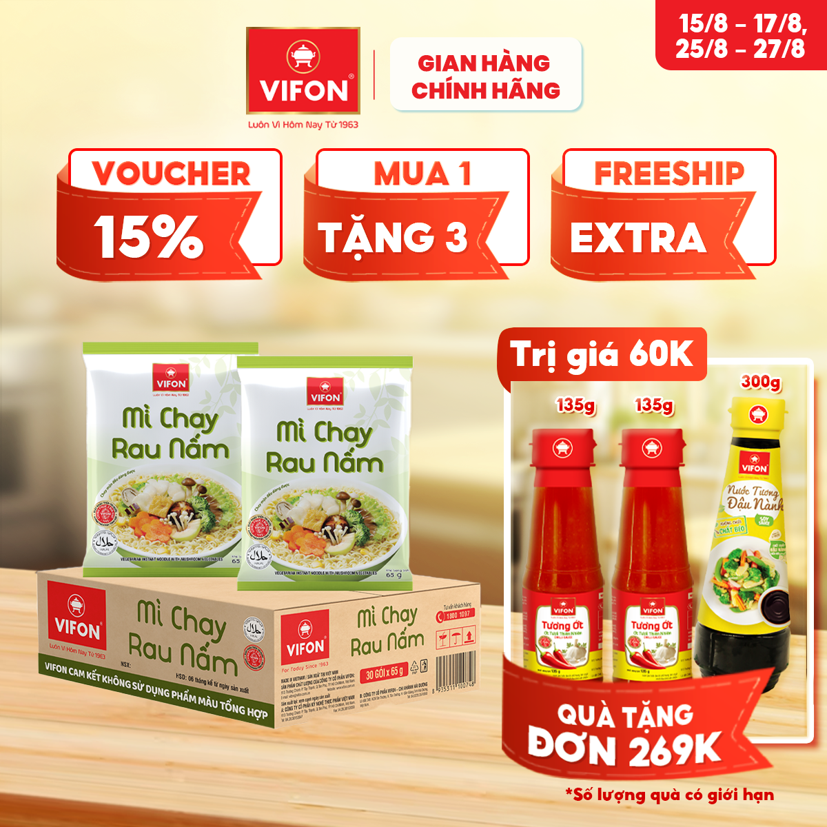 [VOUCHER đến 80K]-Thùng 30 gói Mì Chay Rau Nấm VIFON 65gr/Gói