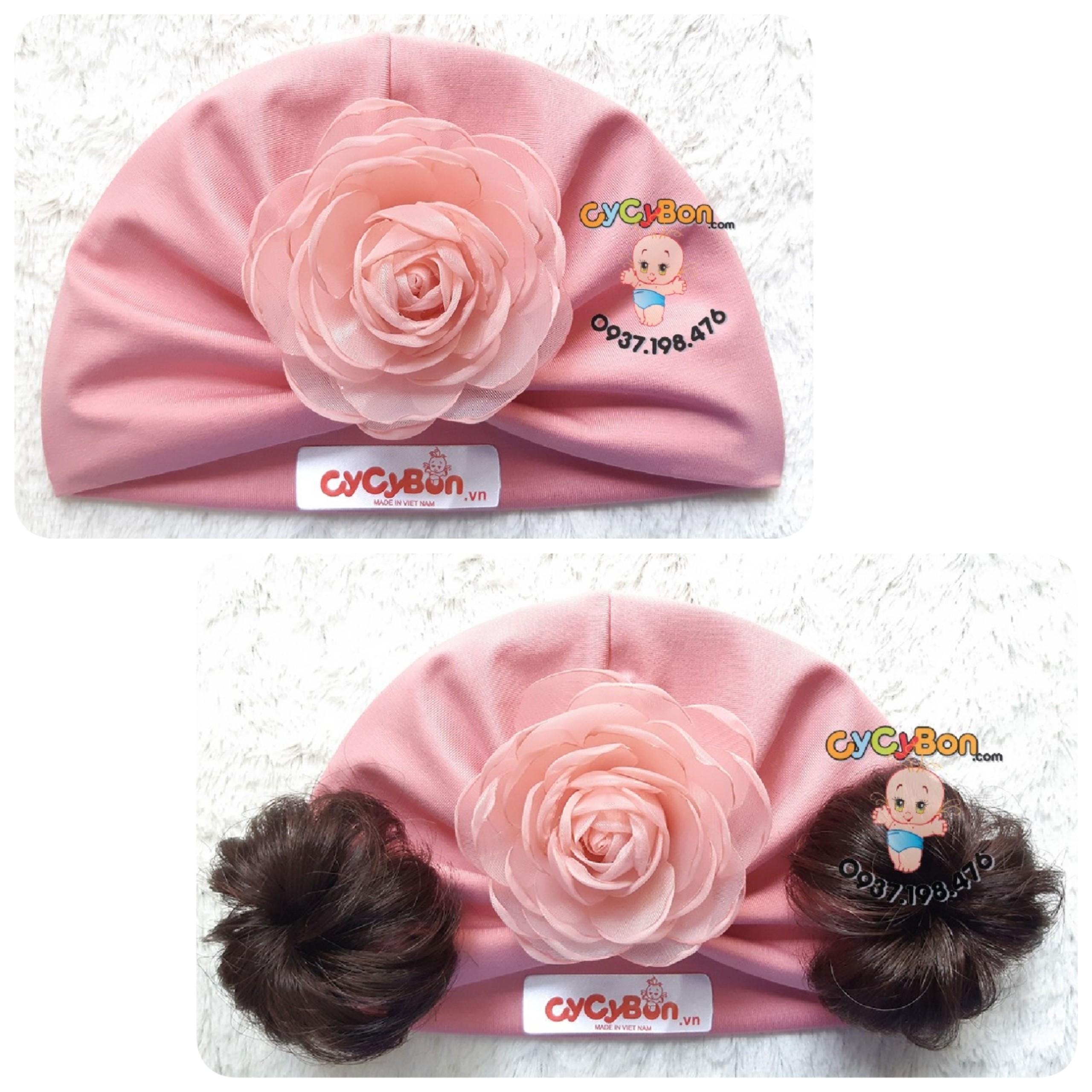 Nón Mũ Turban Tóc Giả Cho Bé Gái Màu Hồng Ruốc Đính Bông Hồng - Chất Vải Cotton- Có Size Cho Bé Từ Sơ Sinh Siêu Yêu !