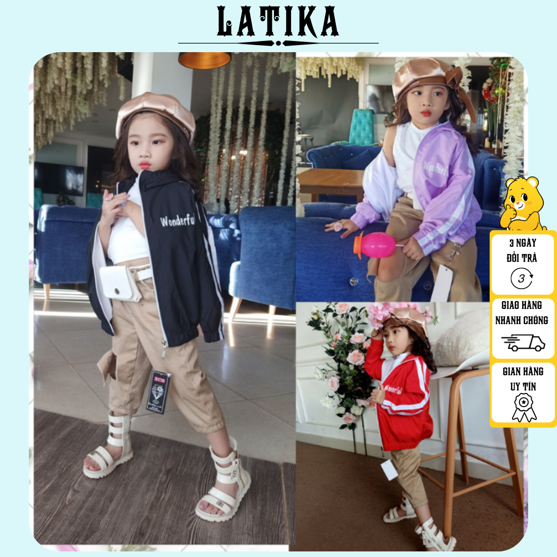 Áo khoác bé gái size đại xinh xắn dù 2 lớp form 13-40kg in chữ phối sọc LATIKA D316