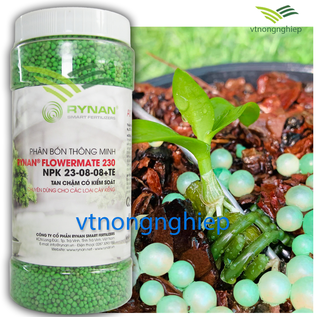 Phân bón Rynan-230, lọ 1250, npk 23-08-08+te, phân bón tan chậm rynan flowermate 230 cho cây kiểng, hoa mai, bon sai, hoa lan