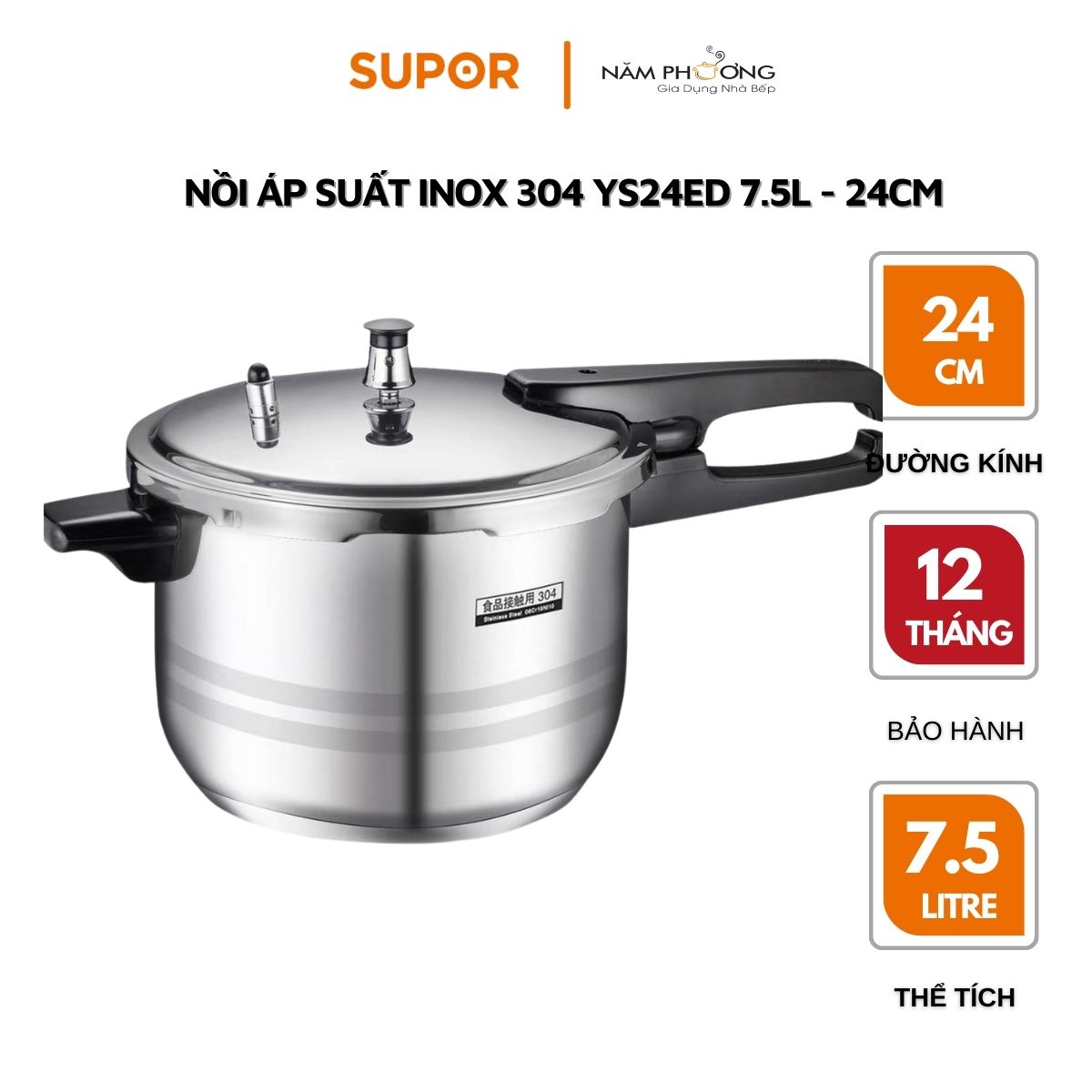 Nồi áp suất bếp từ supor 24cm-7.5l inox 304 quick ys24ed