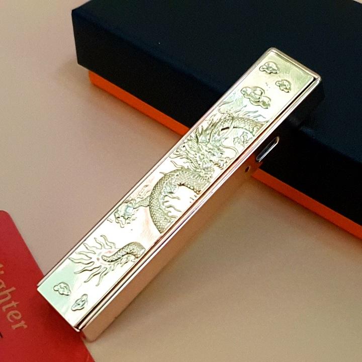 Bật Lửa Điện Hồng Ngoại Lighter HZ -080 dạng thỏi dập nổi hình Rồng cực đẹp ( vàng ) - TRINH NHUNG SHOP