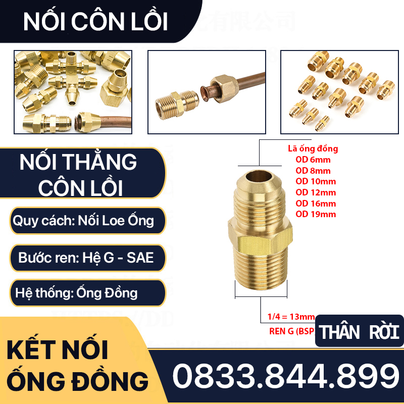 Thân Nối Thẳng 1/4 (13mm) Ren Ngoài Côn Lồi Lắp Lã Ống Đồng NPT Phi 6 8 10 12 16 19mm (Brass Flare Fitting Female Connector NPT)