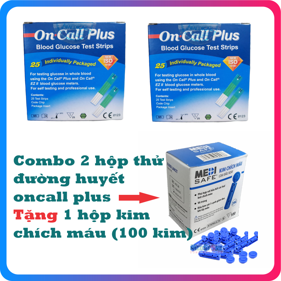 Bộ 2 hộp que thử đường huyết ACON ON CALL PLUS + Tặng 01 hộp kim lấy máu 100 kim - TBYT Medstore - que thử tiểu đường oncall plus