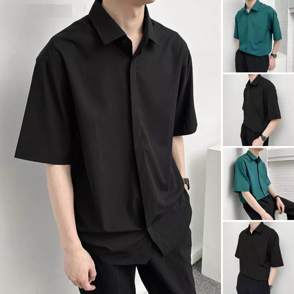 Áo sơ mi ngắn tay form rộng, chất liệu vải lụa cao cấp không nhăn, màu trắng đen phong cách Hàn Quốc