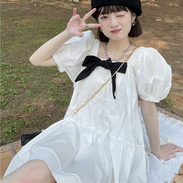 Đầm trắng cổ vuông nơ cài, suv011 váy nữ cộc tay nơ đen dáng xòe, đầm babydoll màu trắng anyashop234