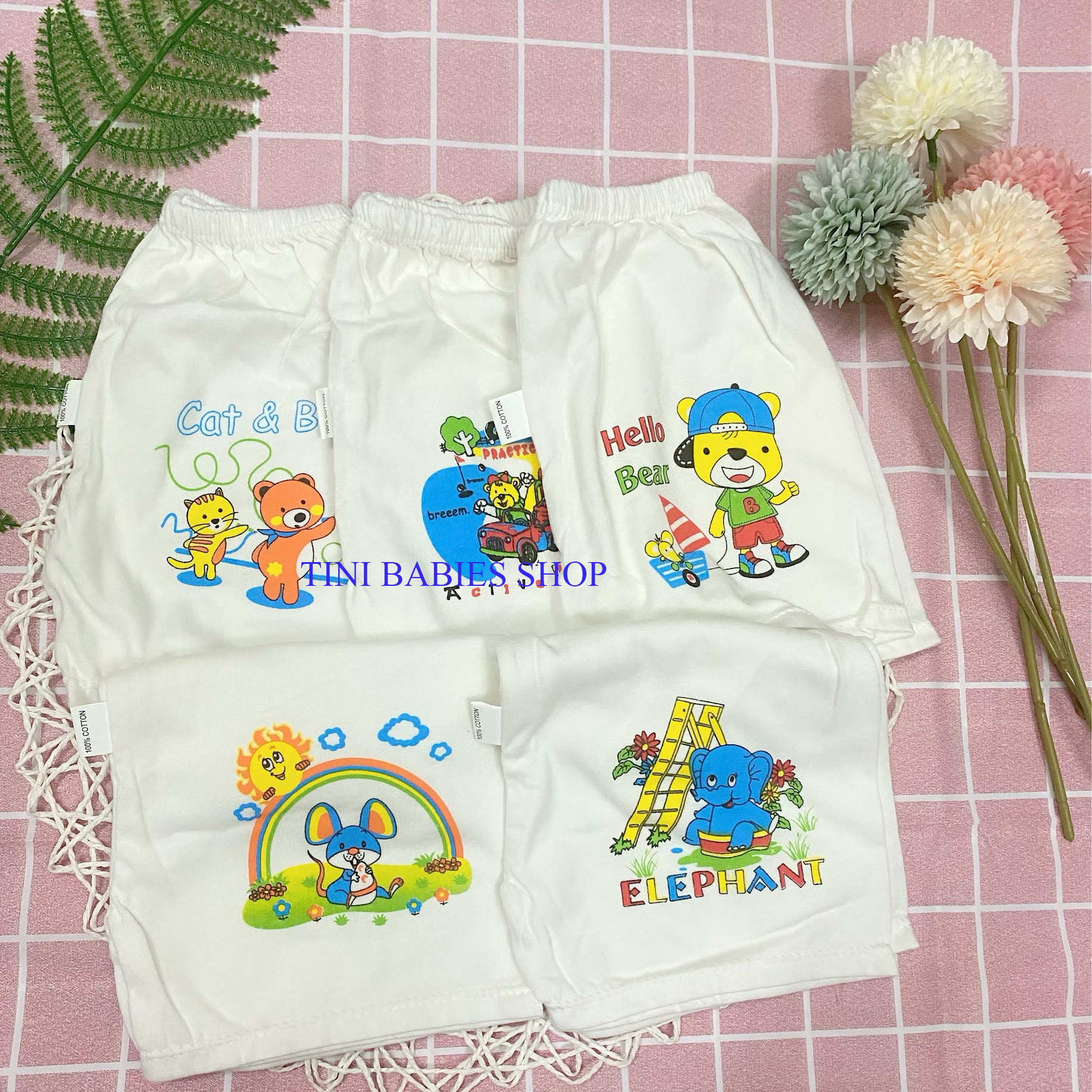 ]set 5 quần đùi trắng thể thao in hình cao cấp cho bé bosini từ 3-29kg