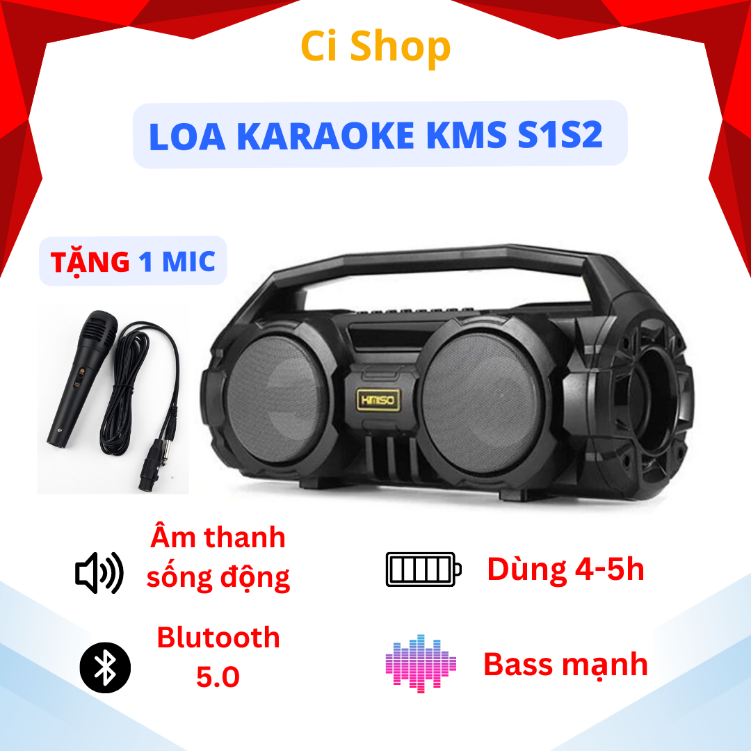 Loa bluetooth karaoke xách tay kimiso km-s1/s2 - 2 bass cực mạnh, tặng 1 micro có dây hát karaoke