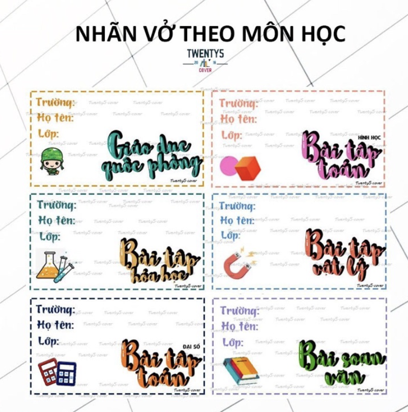 Set nhãn vở theo môn mẫu số 01