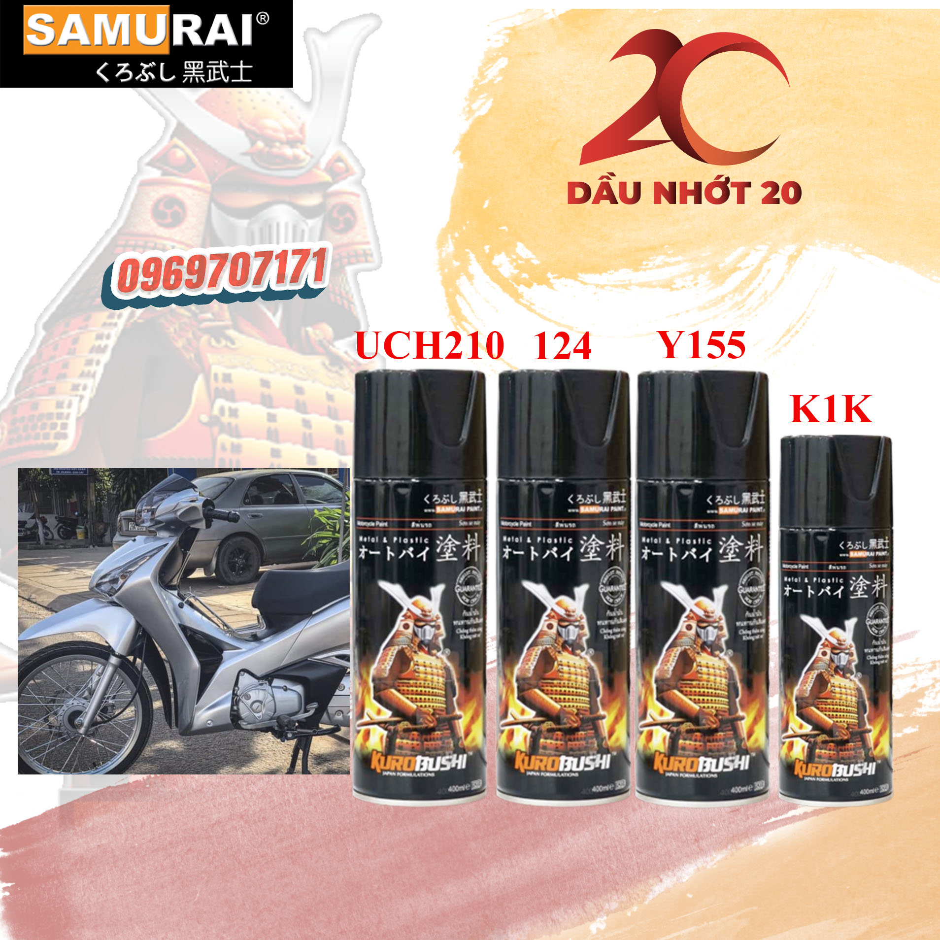 Sơn xịt samurai màu bạc pha lê y155 có ánh kim 400ml vòi phun chống chảy độ bền màu cao tùy chọn chai lẻ hoặc bộ combo uch210 124 y155 k1k hoặc 128 128a k1kt
