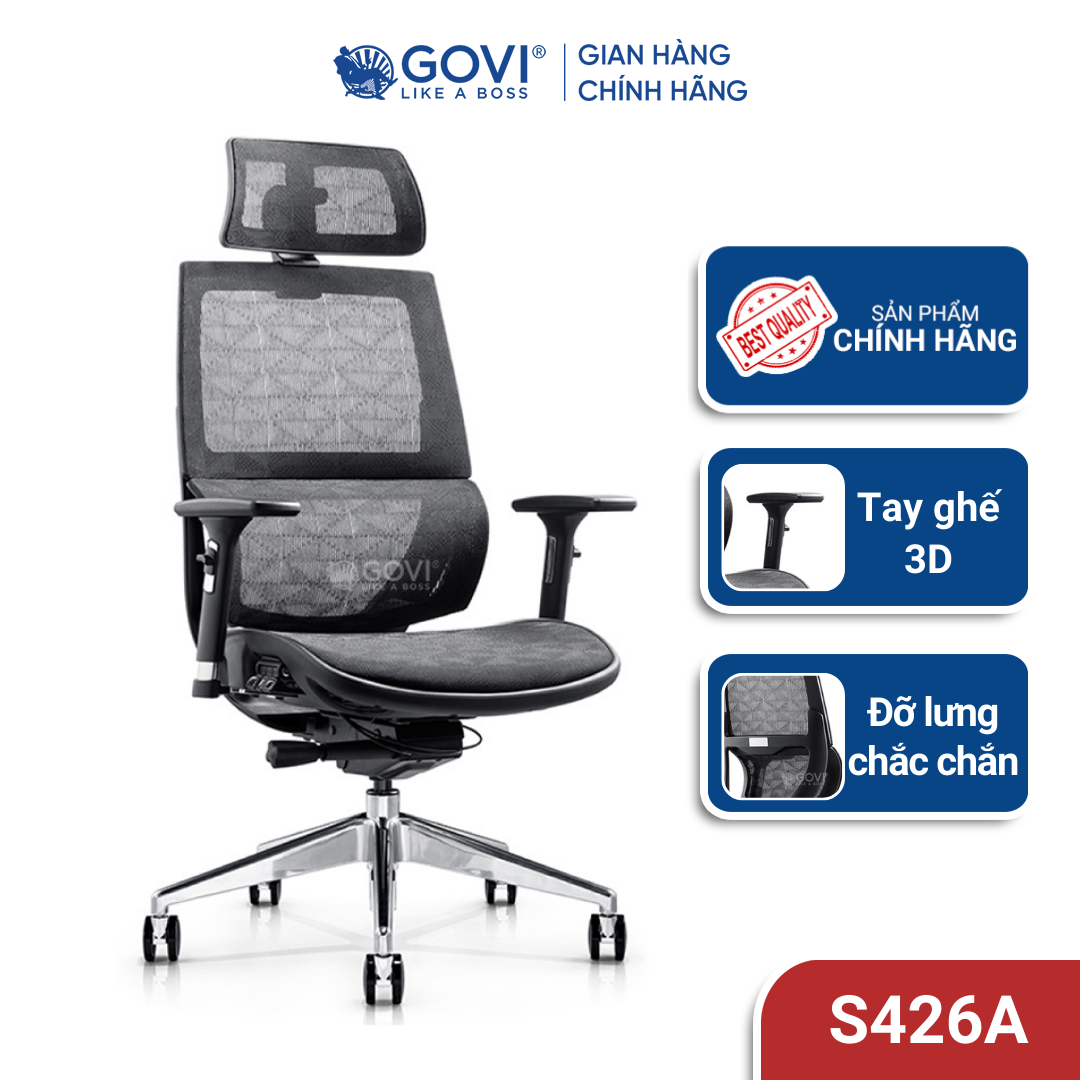 Ghế công thái học Ergonomic Solo S426A - Thiết kế tựa đầu điều chỉnh, điều chỉnh độ cao, tựa tay 3D nâng hạ, mâm ghế có cơ chế ngả lưng 90- 135 độ, khóa cố định, đệm ngồi vải lưới thoáng mát, điều chỉnh trượt trước - sau