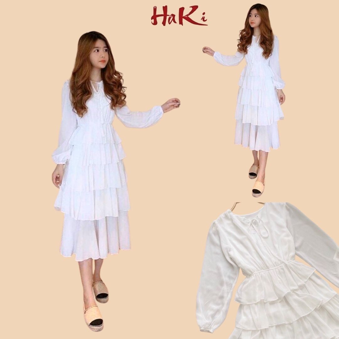 Đầm váy nữ dự tiệc Trắng dài cổ tròn xòe nhiều tầng dễ thương dự tiệc tiểu thư công chúa chụp kỉ yếu siêu xinh HAKI MSP60