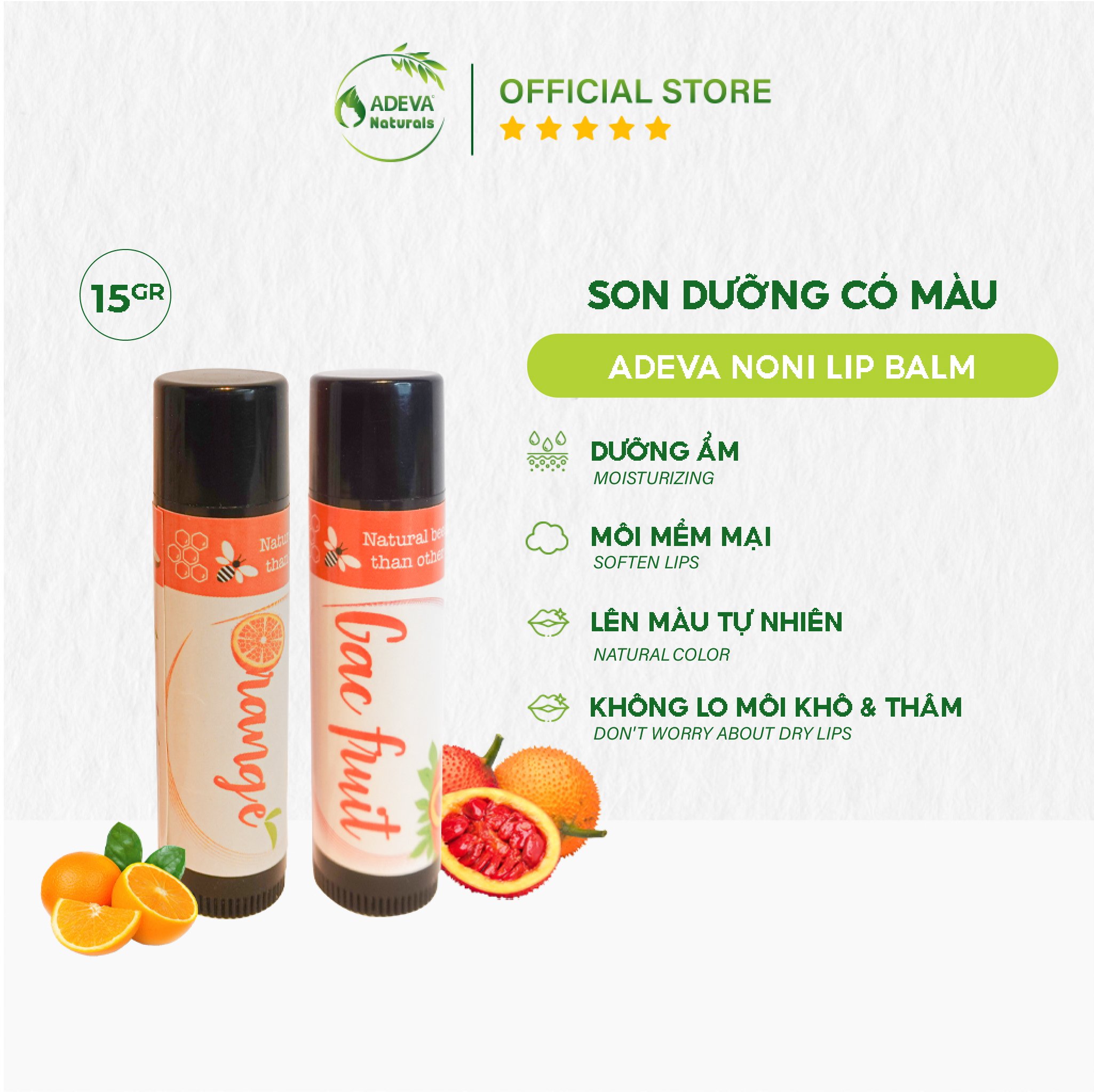 Son dưỡng môi màu khoáng tự nhiên - adeva noni - son gấc & son cam adeva naturals