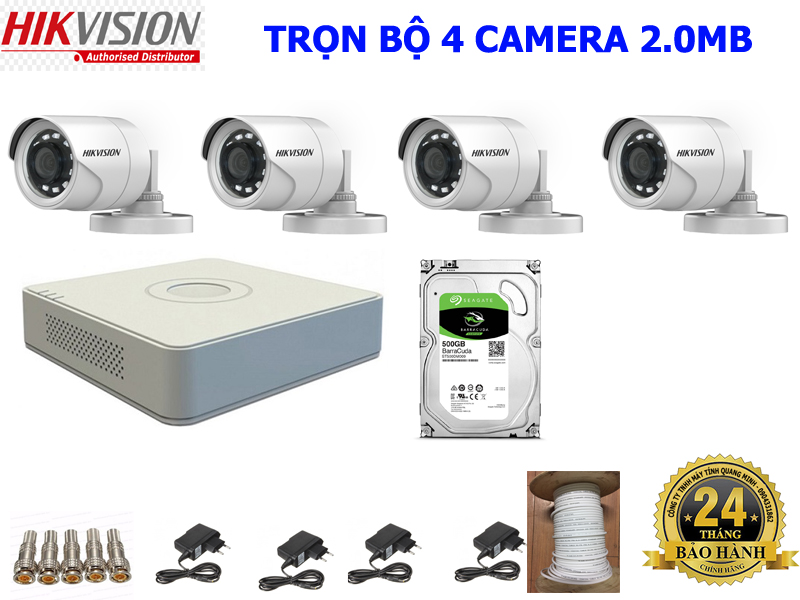 Trọn bộ camera 4 kênh Hikvision DS-7104HGHI-F1, ổ cứng 500G + 4 Camera hồng ngoại 2 Megapixel Hikvision DS-2CE16B2-Ipf + 8 Rắc BNC + 4 nguồn DV 12V/2A + 40m dây cáp tín hiệu