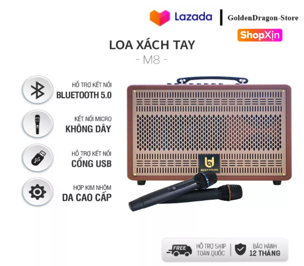 Loa bluetooth khủng nhất 2023 best sound m8 nhập khẩu chíinh hãng,tặng 2 mic uhf, tích hợp vang số chỉnh cơ, có reverb – kiểu dáng đẹp - loa bọc da cao cấp, bass cực mạnh, cấu tạo 4 loa cho chất âm cực hay, công suất khủng, bh 12 th