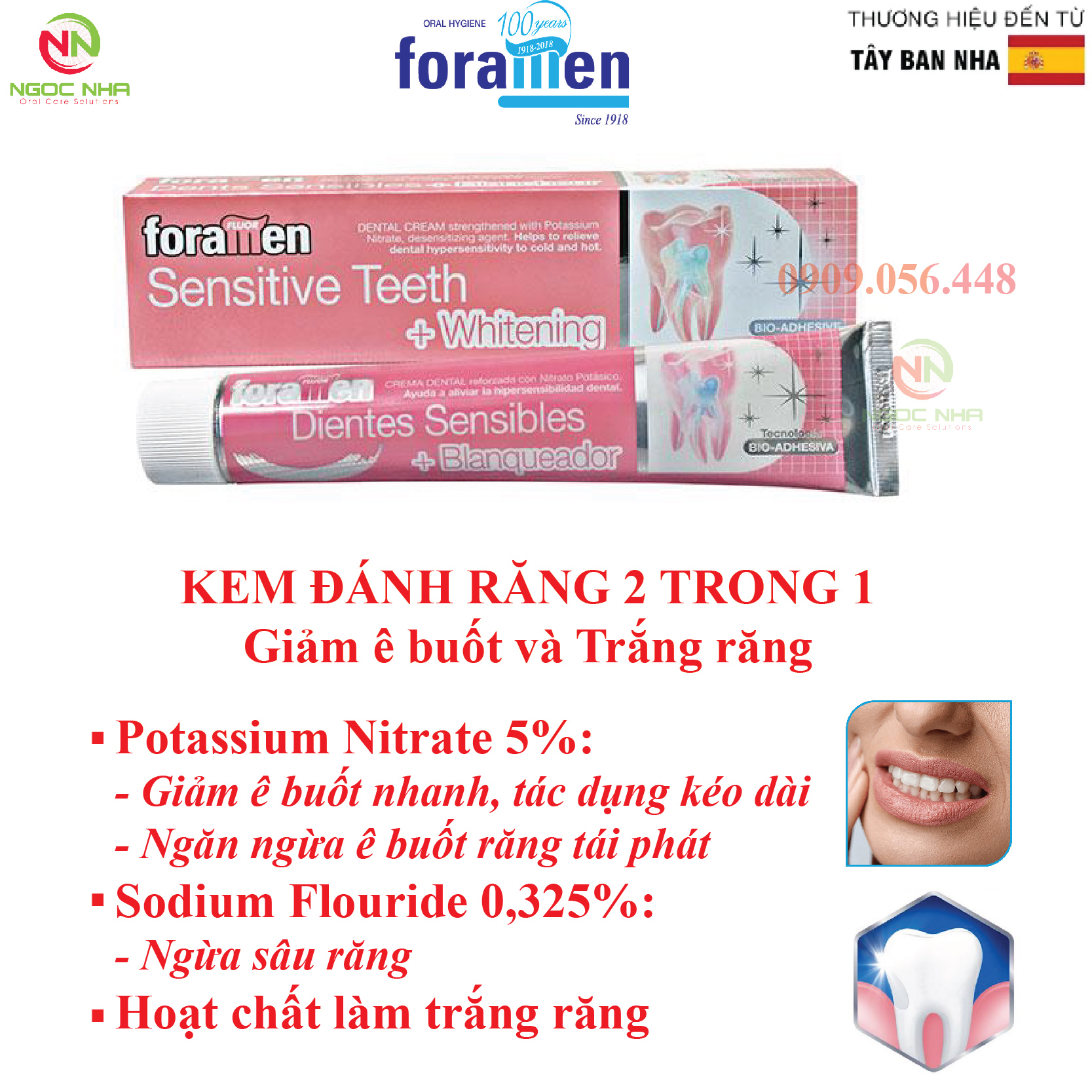 Kem đánh răng ngừa ê buốt răng nhạy cảm và làm trăng răng tự nhiên Foramen Sensitive Teeth and Whitening 90g/ Tây Ban Nha
