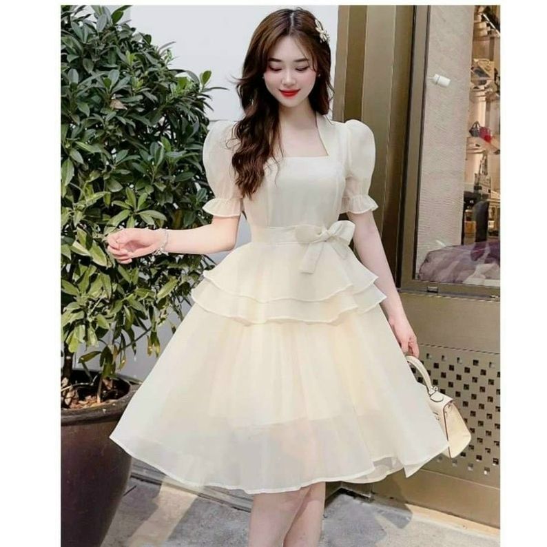 [Mẫu Mới] Đầm Tay Phồng Xếp Tầng [Có Mút] Thoắt Nơ Eo Dáng Xòe THỊNH KENT Màu Sắc Nhã Nhặn Thích Hợp Với Mọi Phong Cách.