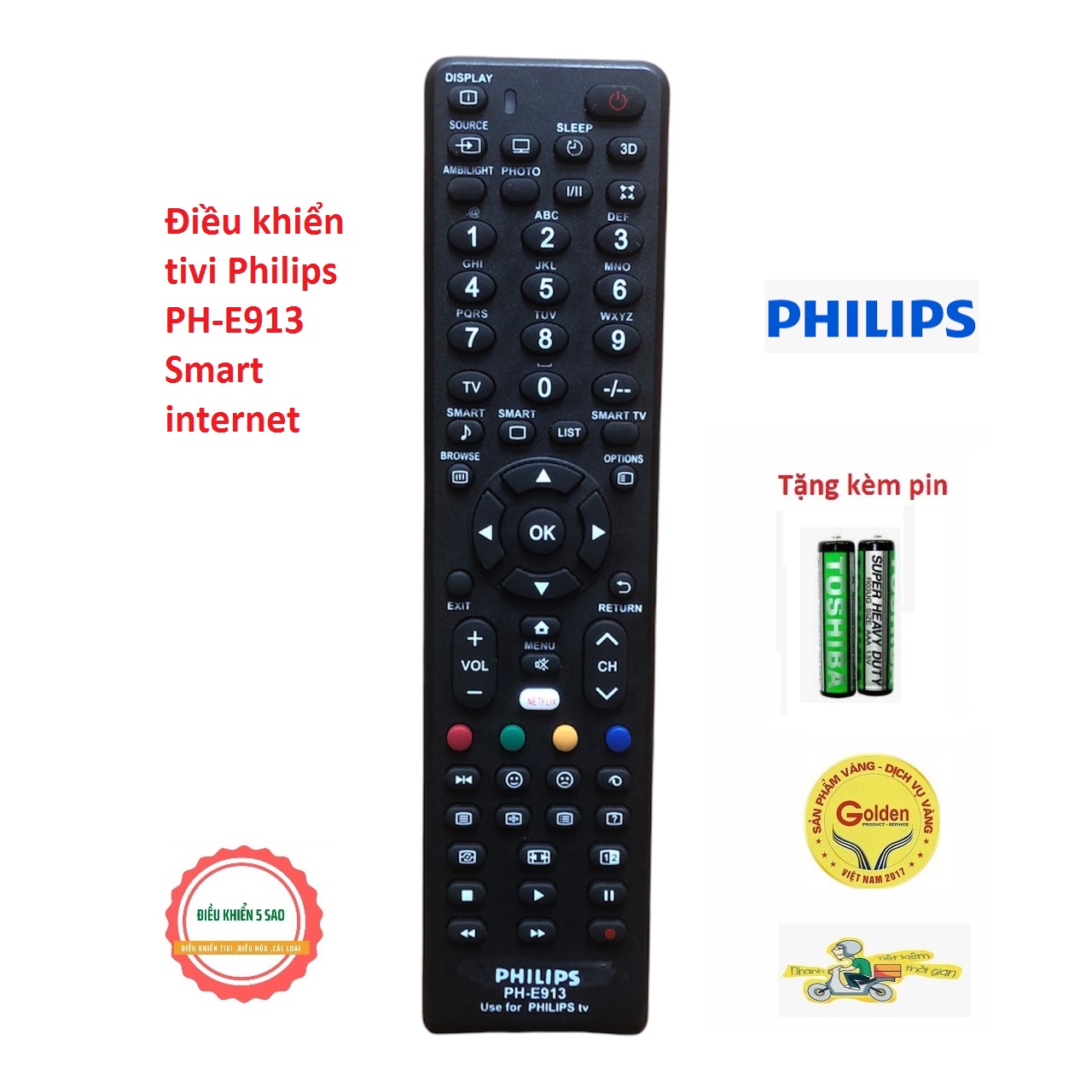 Điều khiển tivi Philips PH-E913 smart internet loại thay thế khiển zin theo máy - tặng kèm pin - Remote tivi Philips PH-E913 có nút Netflix - Đầu Bấm TV philips PH-E913 loại tốt
