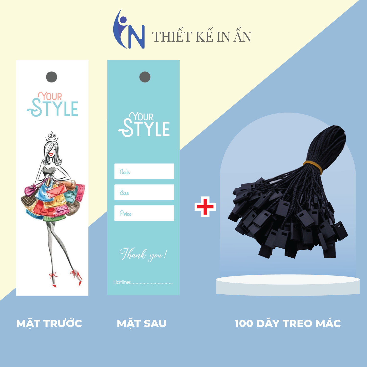 Combo Mác quần áo 100 mác + 100 Dây Treo Thẻ Bài - Dây Dù Xâu Tag (Mác) Quần Áo