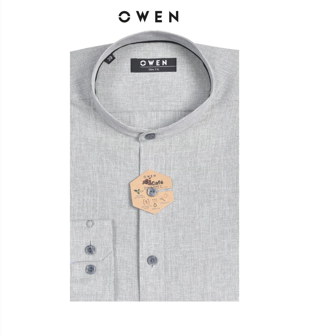 OWEN - Áo sơ mi dài tay Owen chất vải cafe kẻ cổ tàu màu xám 22731
