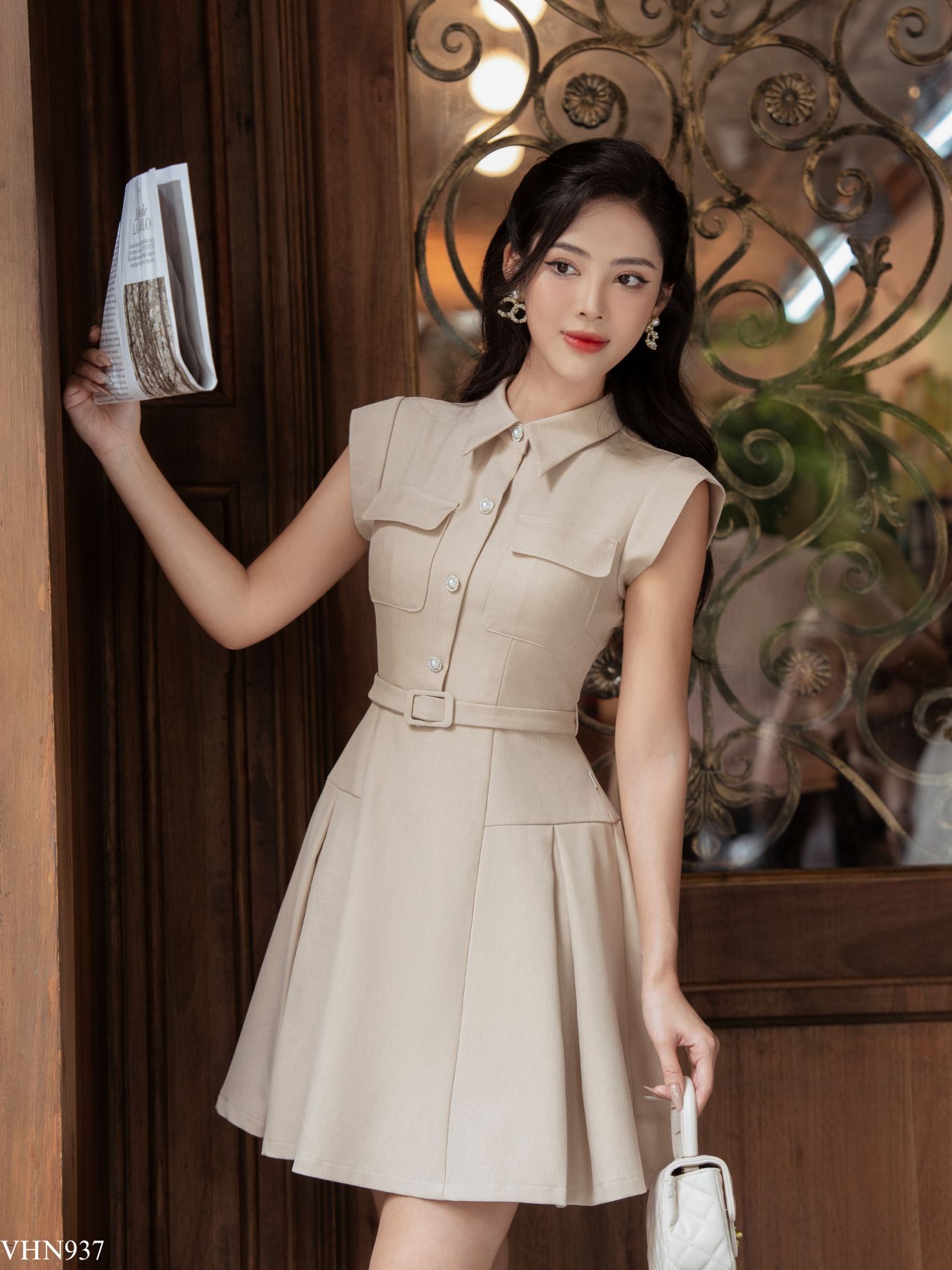 Váy cổ đức tay chờm túi ốp đai eo tiinstore vhn937