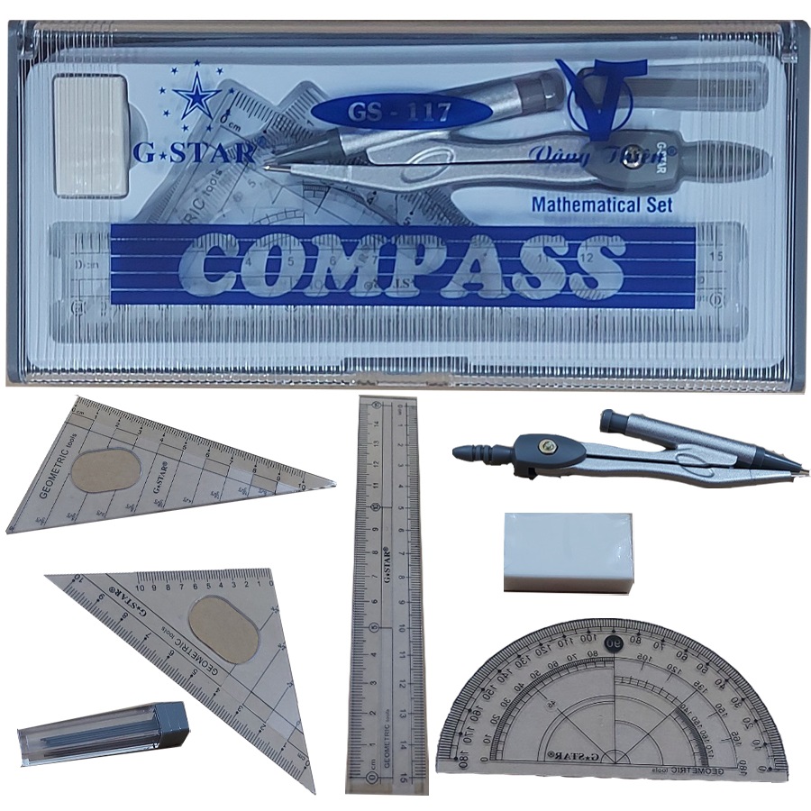 Bộ Compa G-STAR - 117 gồm 7 món bộ dụng cụ học sinh.