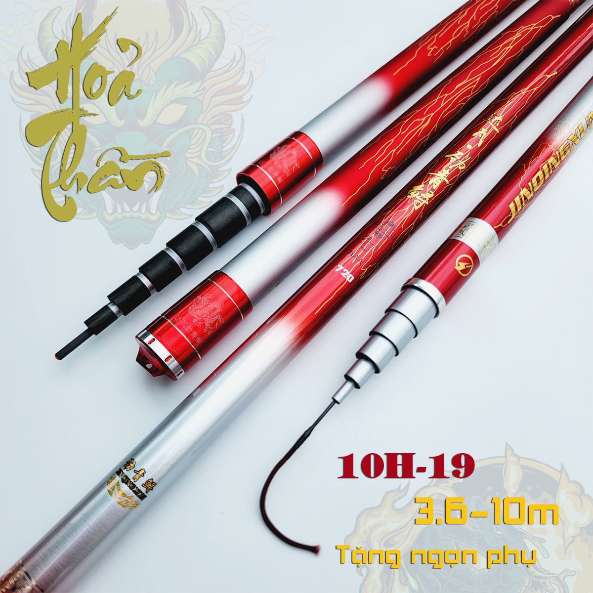 Cần câu đài Hoả Thần 10H phân bổ lực 19 chất liệu carbon phôi dày Cần được tặng kèm 1 ngọn phụ