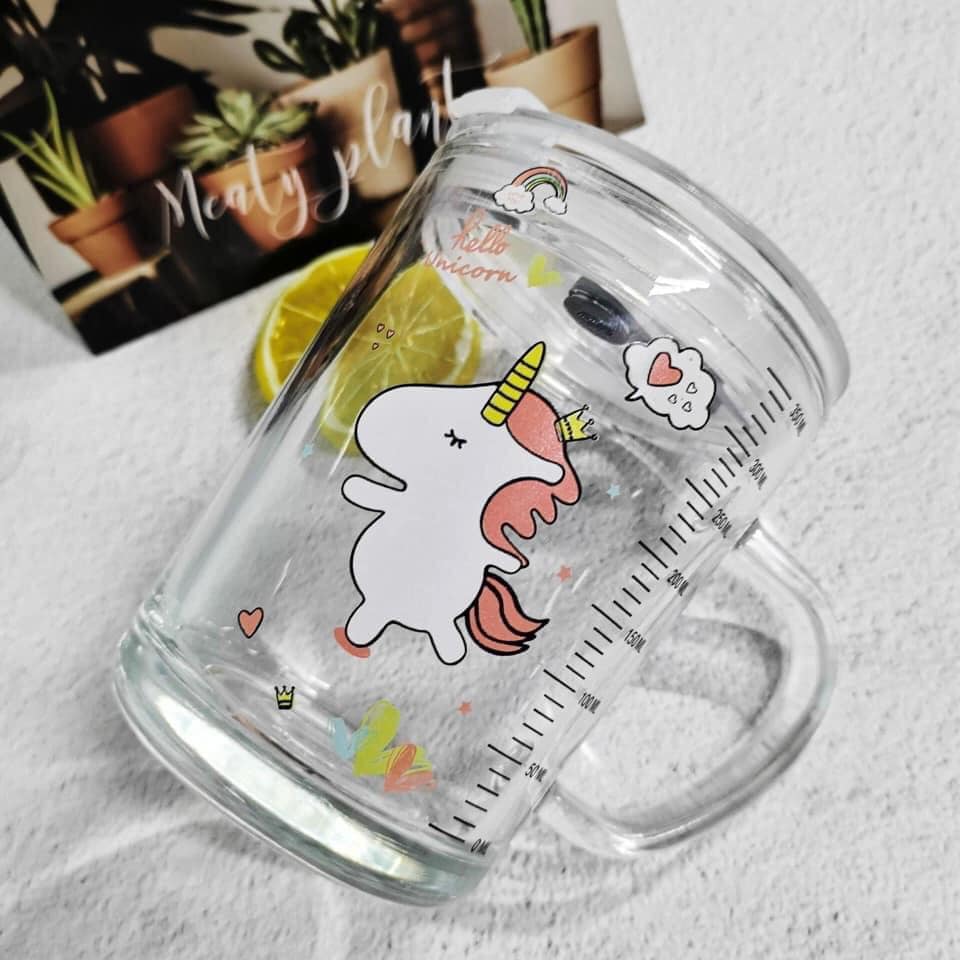 Cốc thủy tinh uống sữa cao cấp chia vạch 350ml, có nắp đậy chống đổ, dùng dược lò vi sóng ( TẶNG KÈM ỐNG HÚT SILICON)