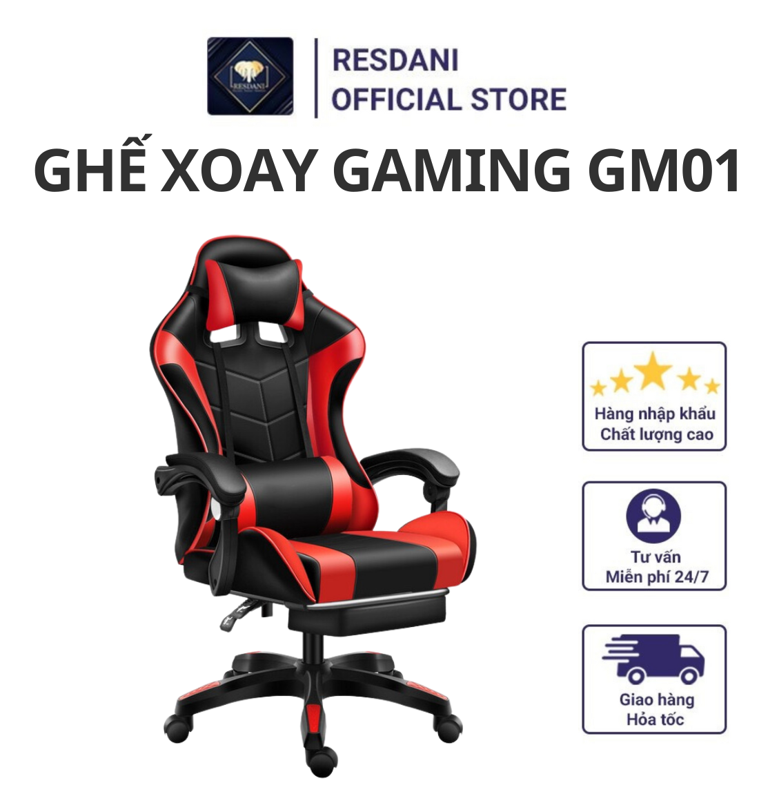 Ghế Gaming GM01 Thiết Kế Công Thái Học Hỗ Trợ Cột Sống , Ngả 125 độ Có Gác Chân Tiện Lợi , Xoay 360 Độ